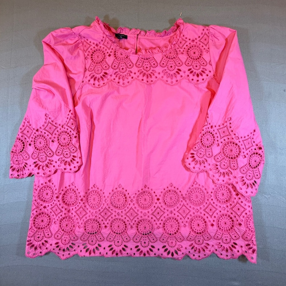Talbots Plus Pink Eyelet Embroidered Cotton Top 2X Ruffle Neck 3/4 Sleeve 2448